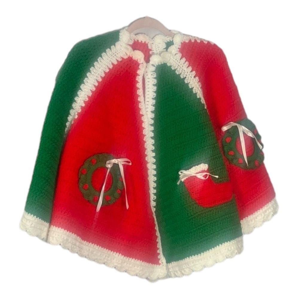 Vintage‎ Christmas Tree Skirt Crochet Handmade Wreath & Stocking Size L